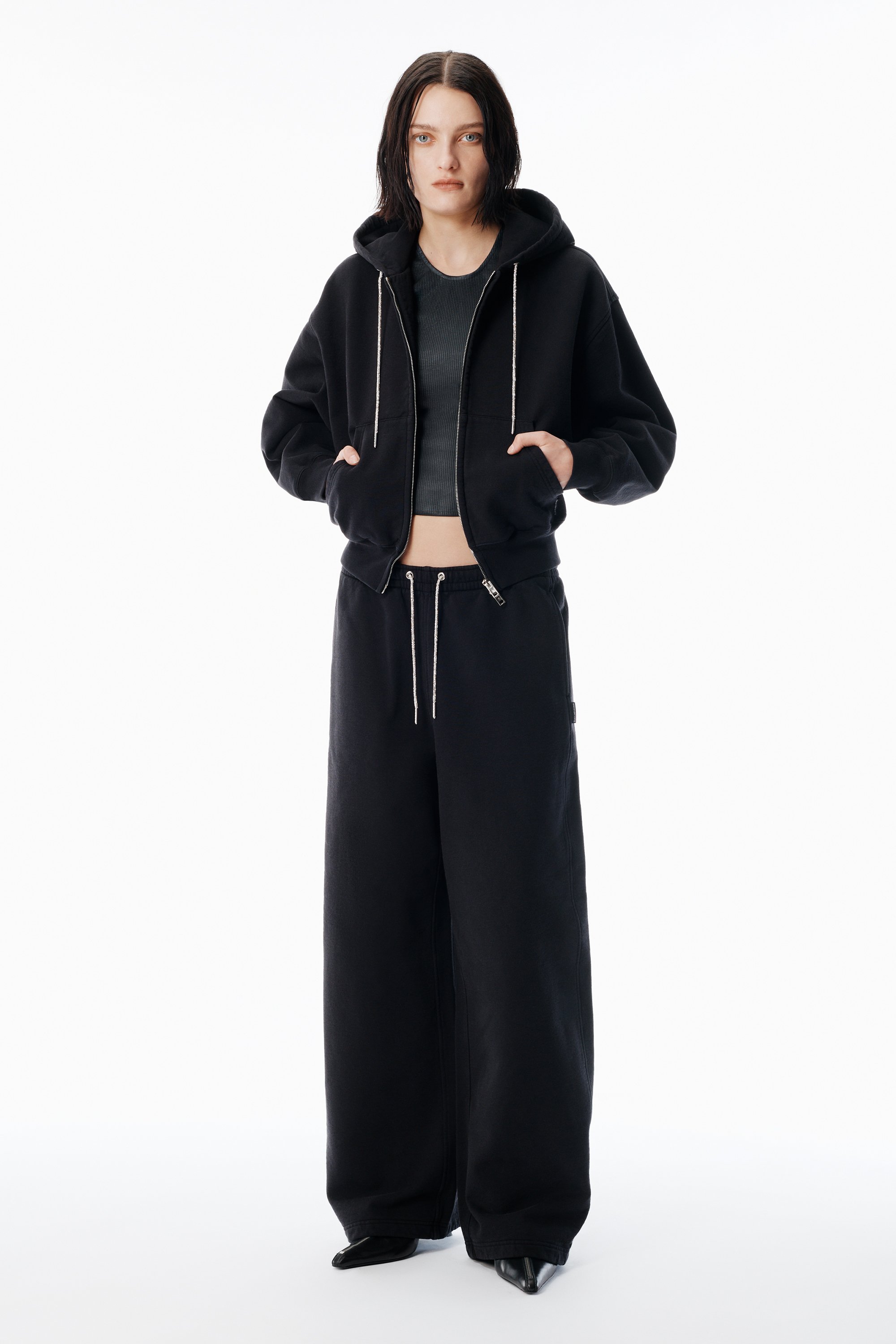 Black Cotton Terry Sweatpant with Crystal Hotfix Drawcord in BLACK