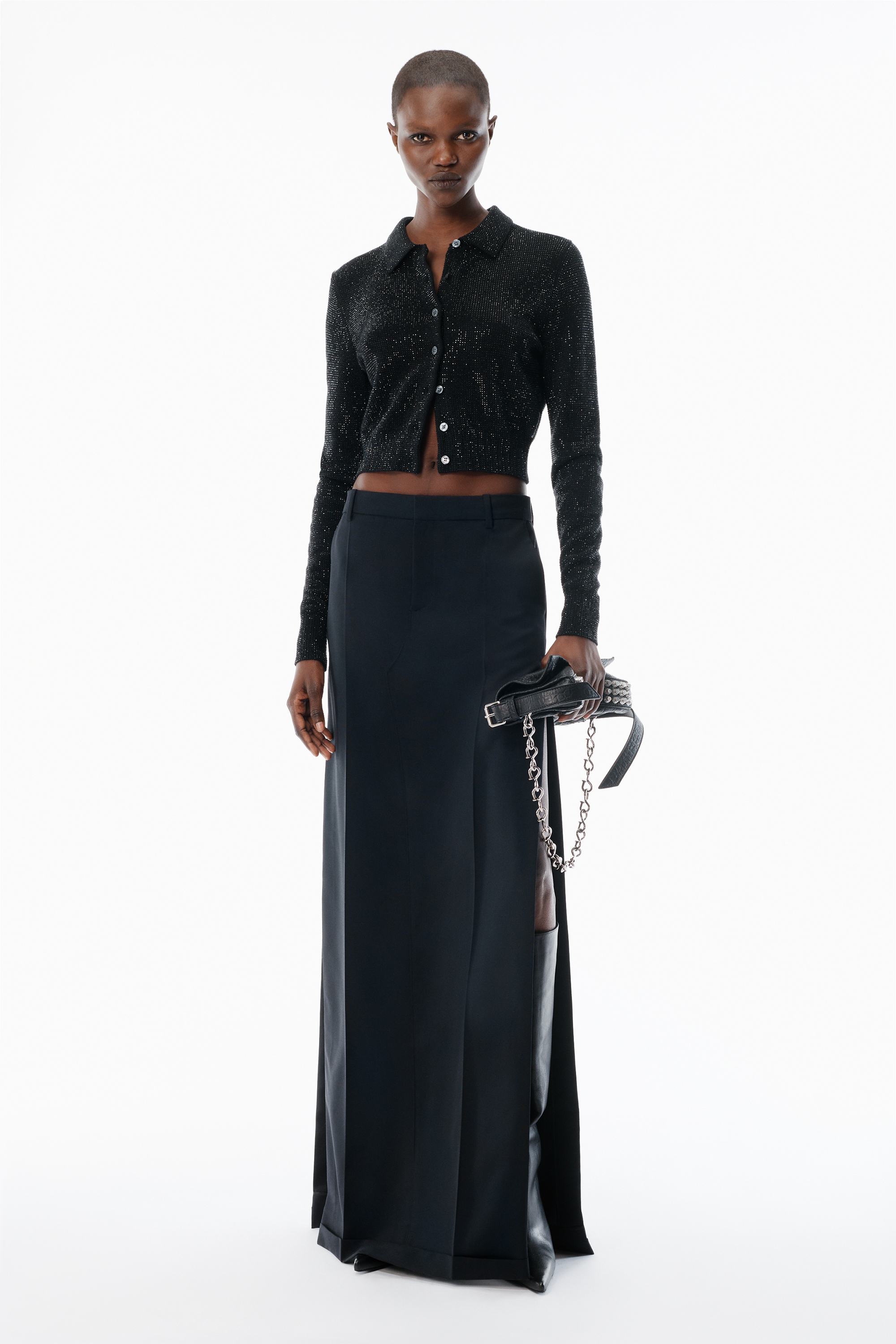 Black Wool-Blend Hotfix Polo Cardigan in BLACK | alexanderwang®