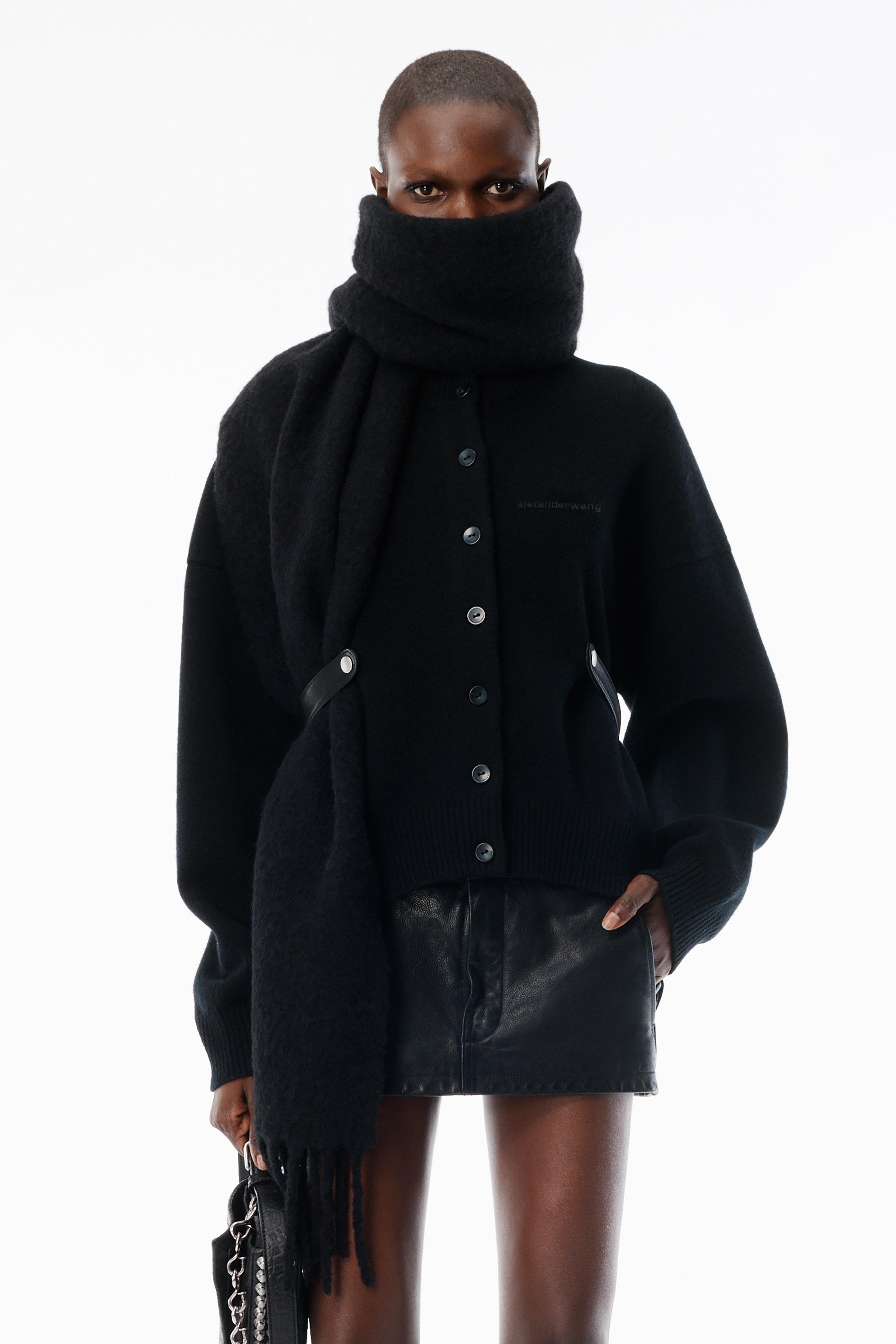 Black Wool-Cotton Draped Back Cardigan in BLACK | alexanderwang®