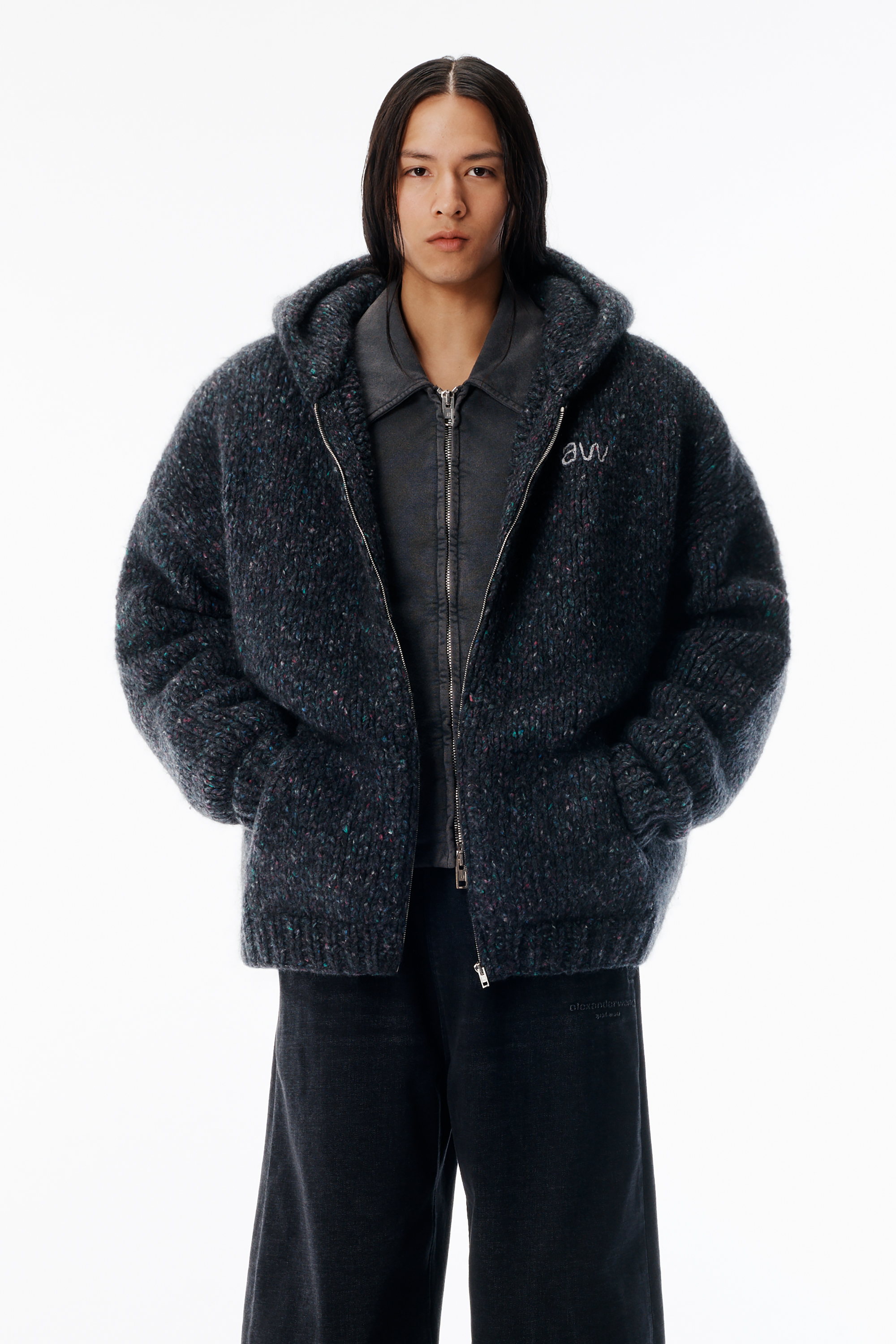 Black Oversized Hoodie with Hand-Crochet Logo in BLACK MULTI