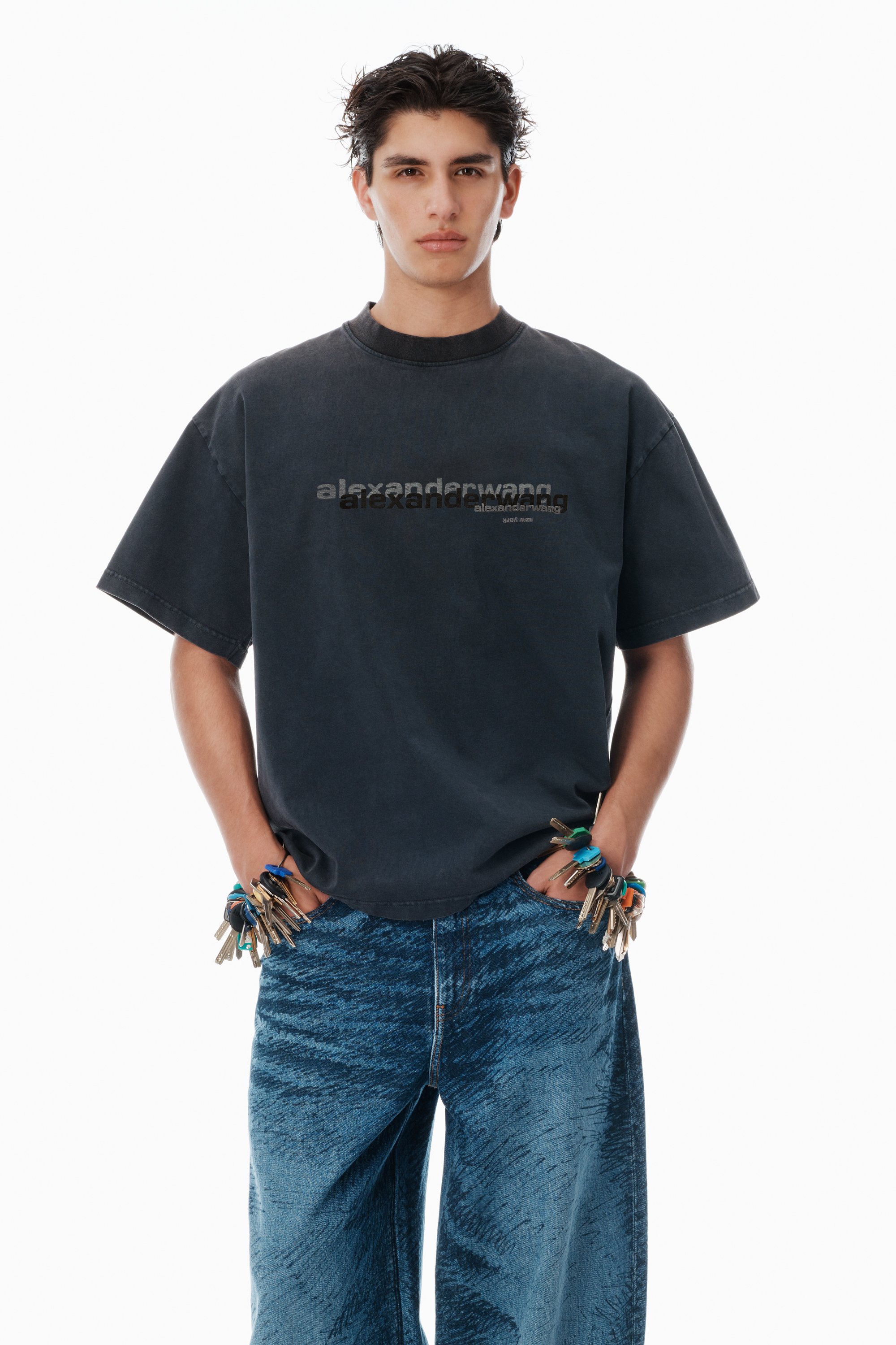 Black Cotton Oversized Logo Tee in WASHED BLACK | alexanderwang®