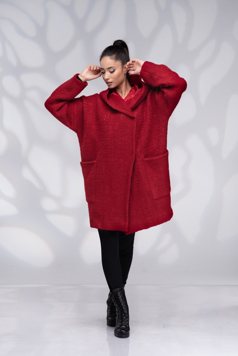 Women's Red Wool Hooded Winter Coat with Lining - Plus Size