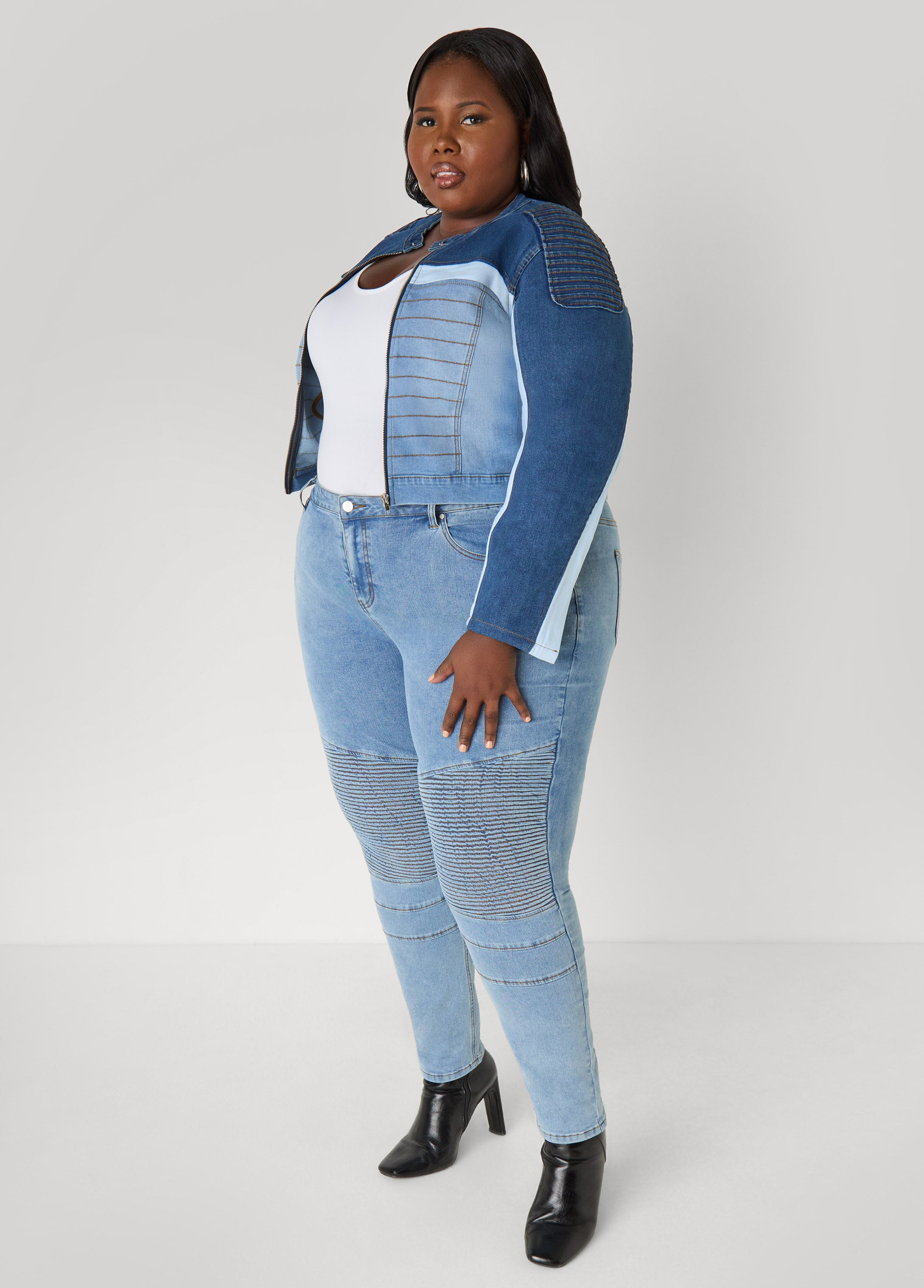 Colorblock Denim Moto Jacket – Ashley Stewart