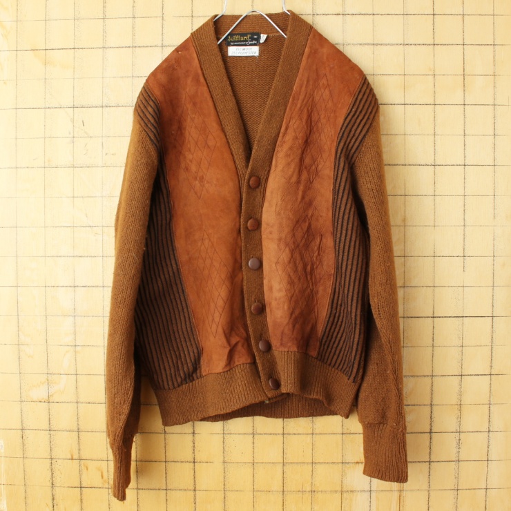 60s 70s USA Juilliard スウェードレザー ウールニット カーディガン
