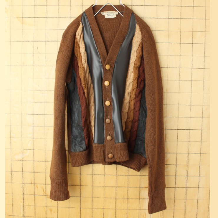 60s 70s USA スウェードレザー 2PLYウールニット カーディガン