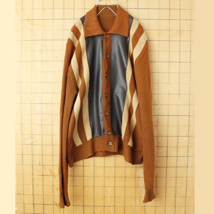 60s 70s USA ラムレザー アクリルニット カーディガン ブラウン メンズ