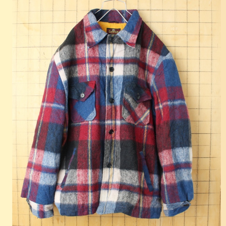 70s 80s USA CAMPUS ウール チェック CPO ジャケット メンズXL相当