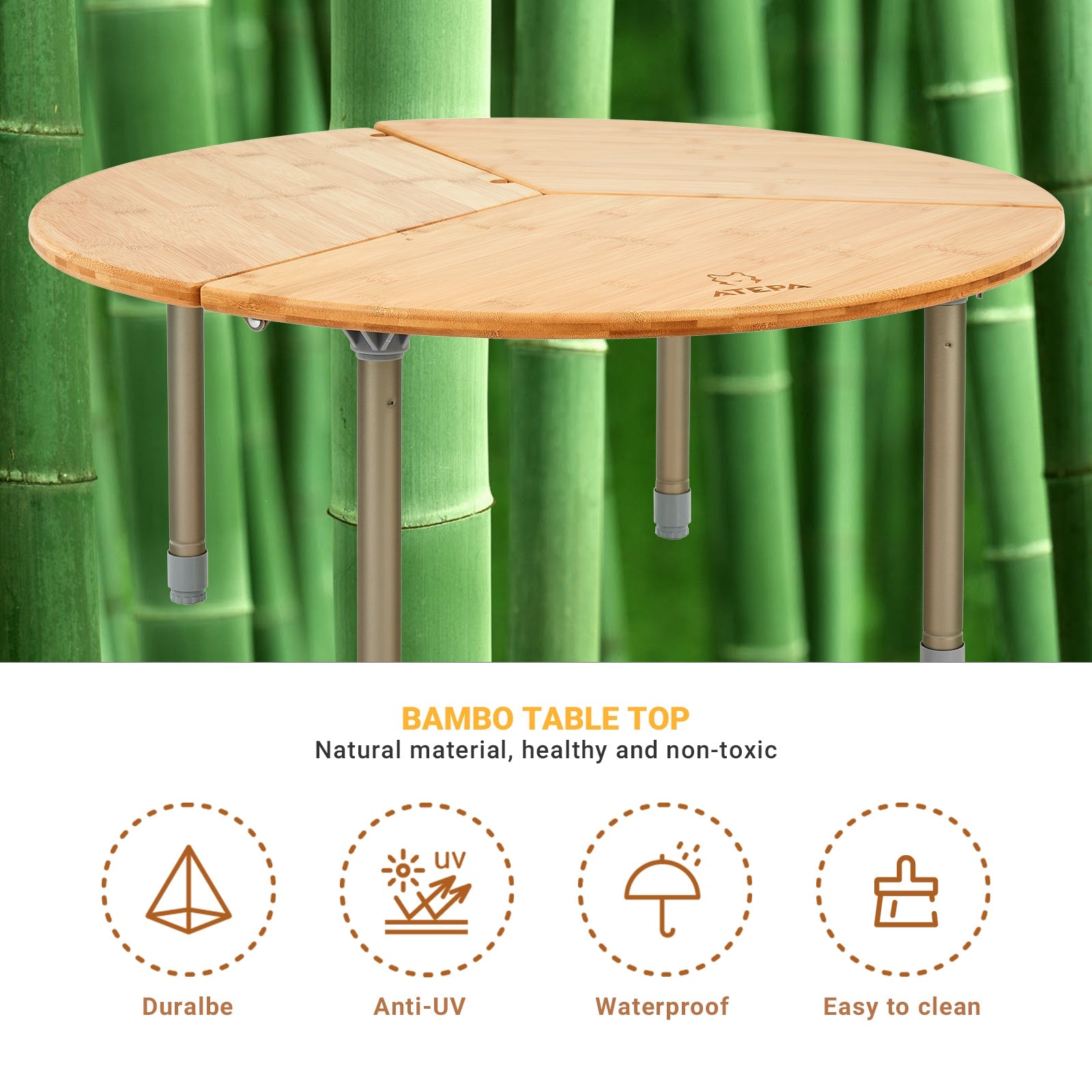 ATEPA Round Bamboo Camping Table | 65×65 Folding Camp Table