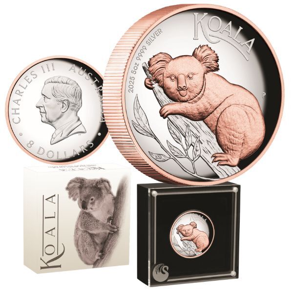 2025 $8 Australian Koala 5oz Silver Proof High Relief Gilded Coin