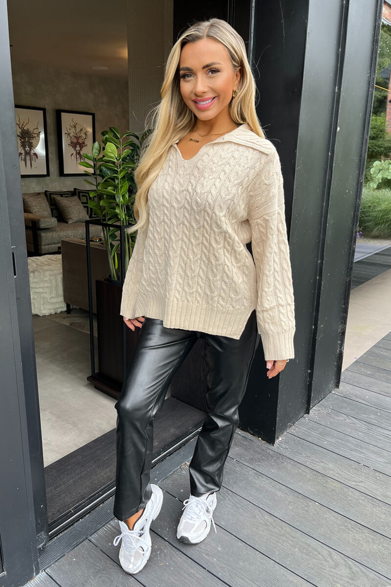 Stone V- Neck Collared Cable Knit Jumper – AX Paris