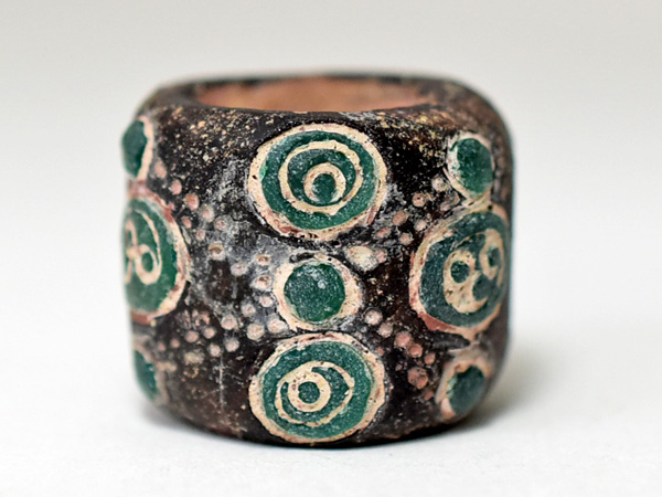 2007】古代中国戦国玉 多眼貼付筒型大玉A2,アンティークビーズ,蜻蛉玉