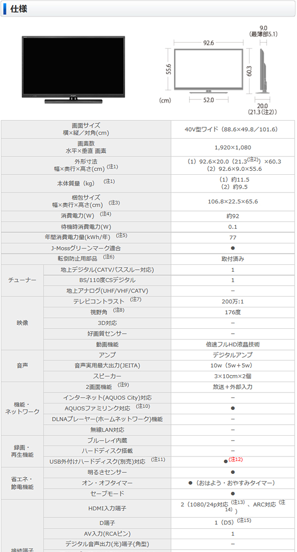 LC-40H11】フルハイビジョン対応 シャープ LED AQUOS [40V型ワイド液晶