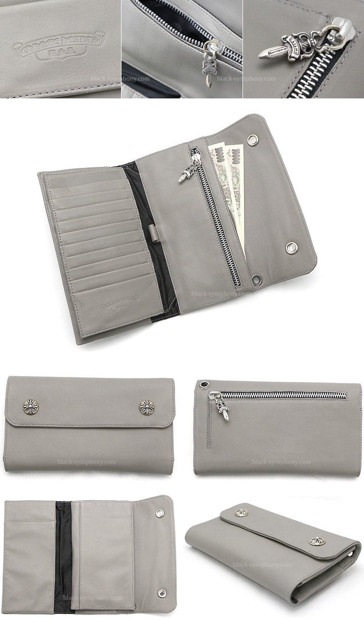 クロムハーツウェーブウォレットクロスボタングレーソフトレザー