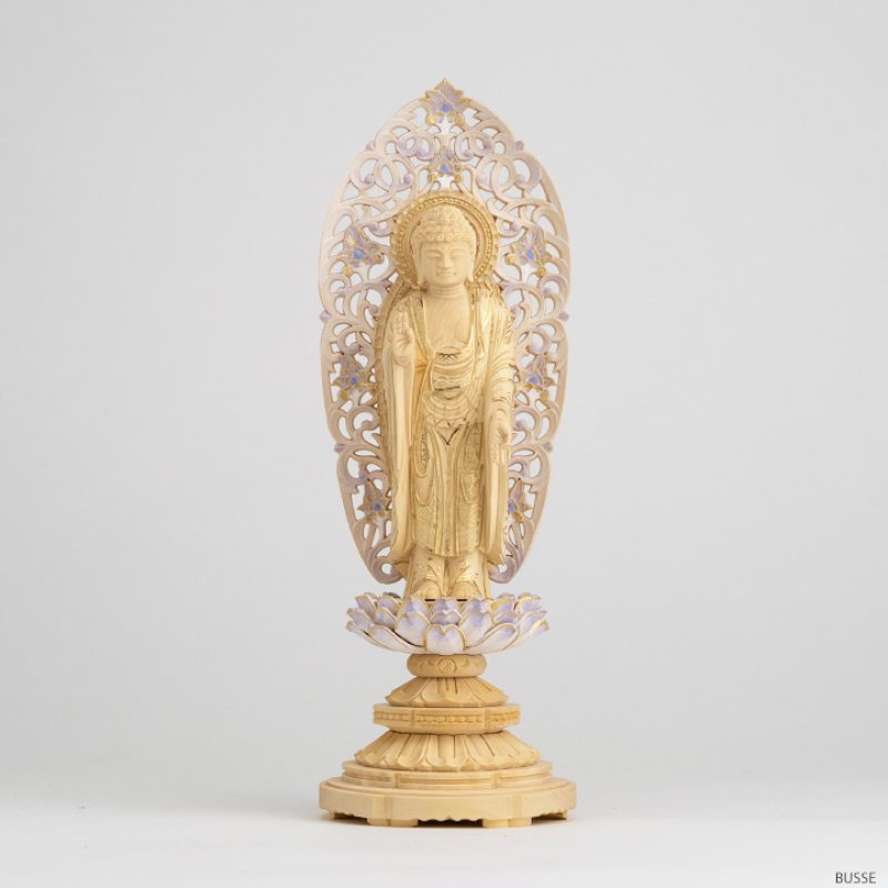 仏像 舟立阿弥陀如来 柘植製/ツゲ 丸座 3寸 金泥書 淡彩色 藤色 浄土宗