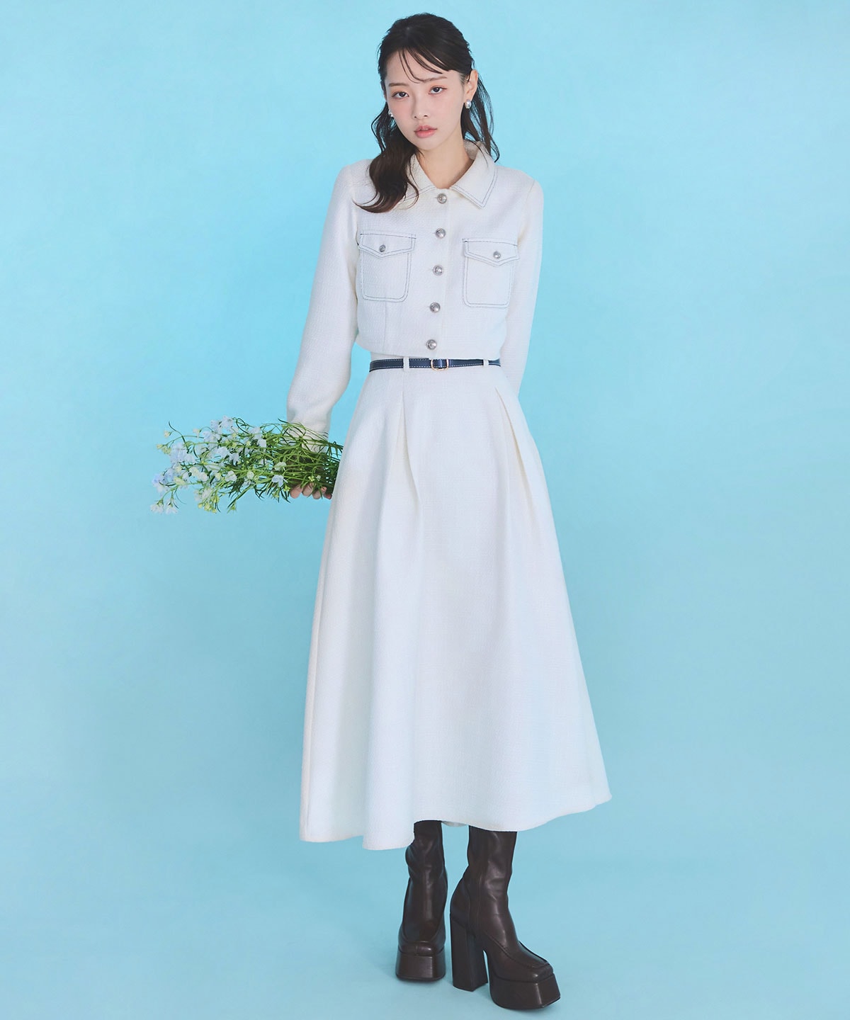 ダブルステッチツイードブラウス×フレアロングスカートセットアップ(F