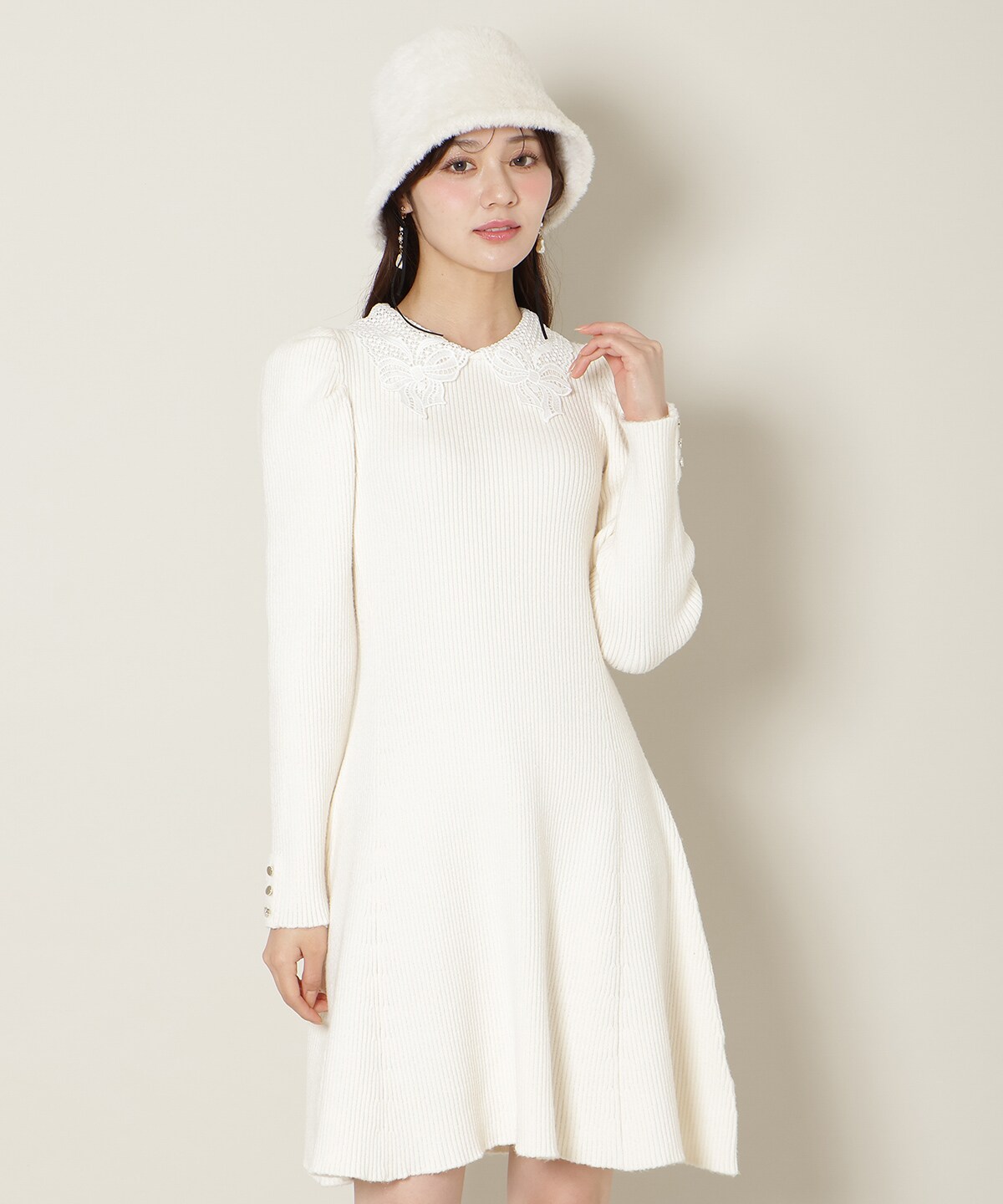 リボンレースカラーニットワンピース(F ホワイト): WILLSELECTION