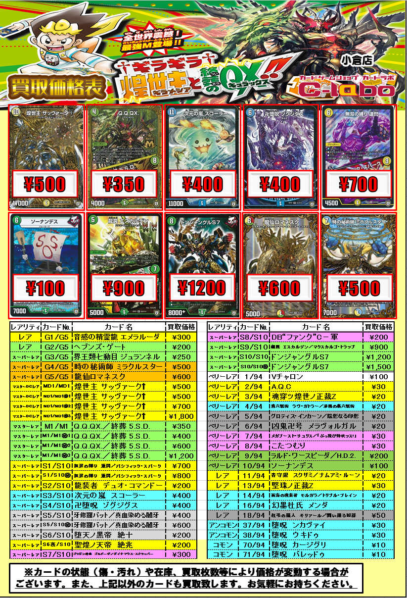 小倉店】デュエマ最新弾「†ギラギラ† 煌世主と終葬のQX！！」買取情報