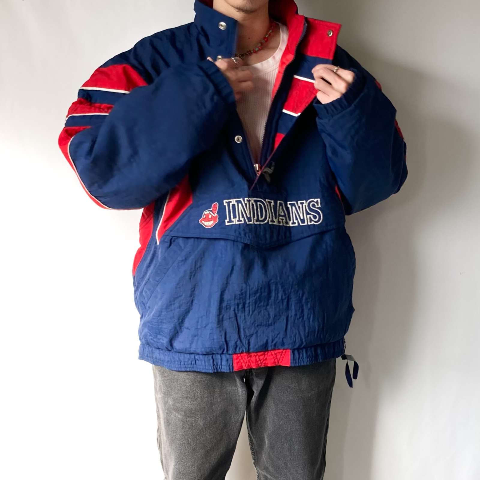 古着–古着 90's STARTER インディアンズ 旧ロゴ ハーフジップ ナイロン