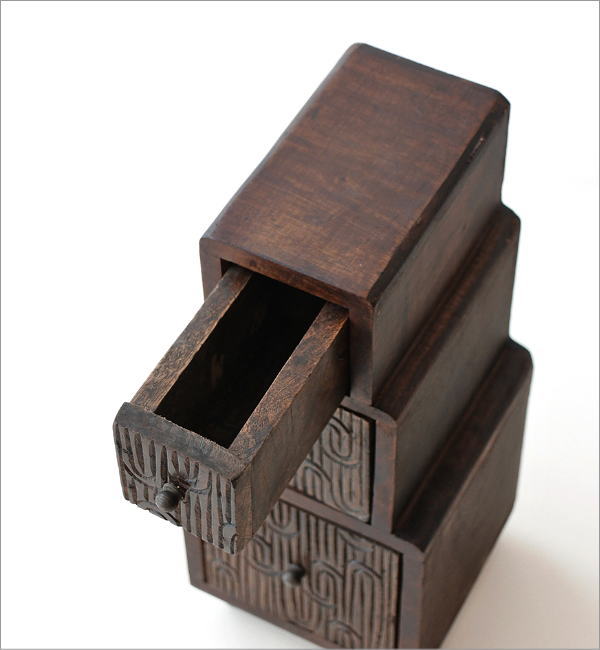 ミニチェスト 木製 卓上 3段 小物入れ 引き出し 彫刻 脚付き 整理収納