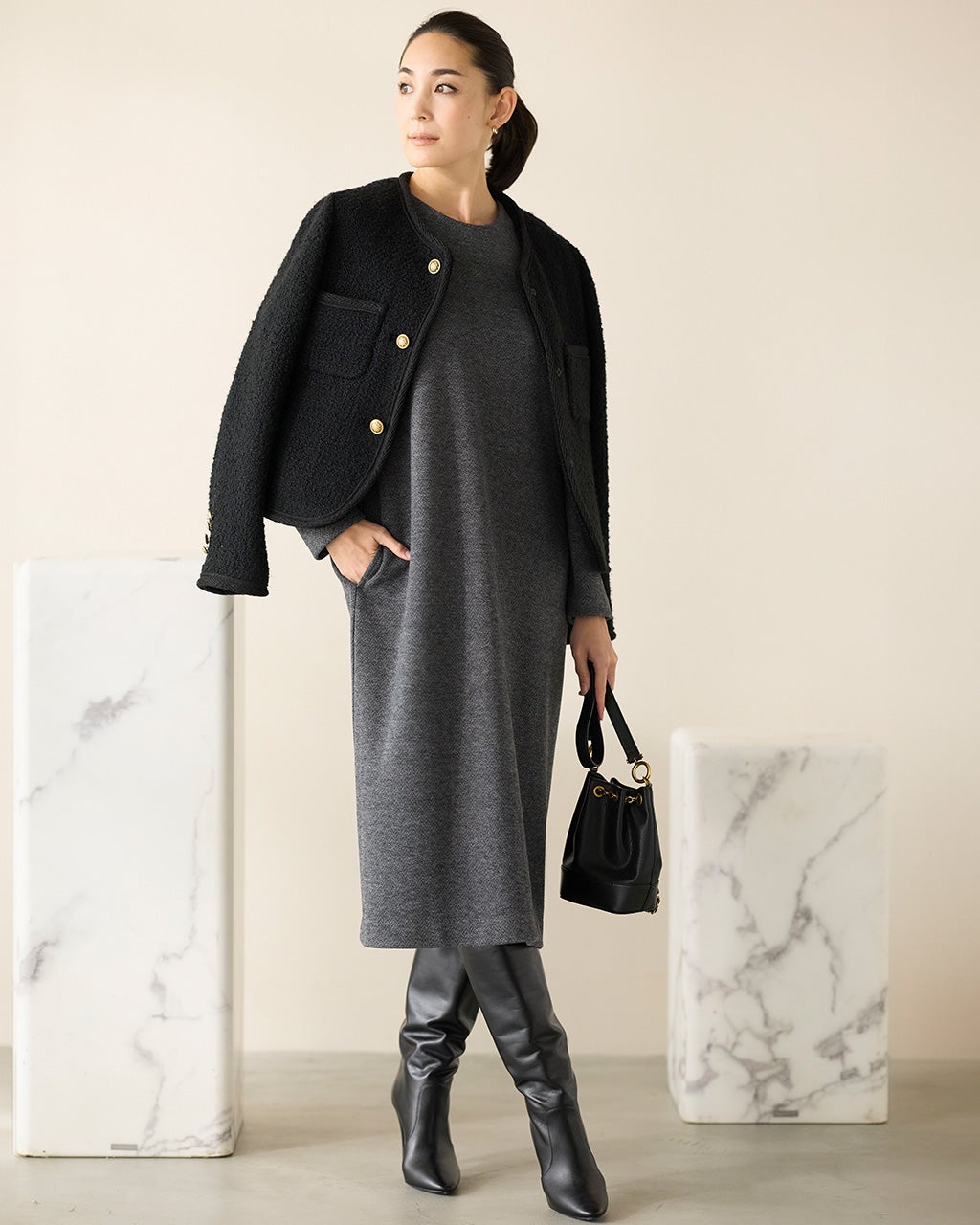 ウール混ジャージー・ヘリンボーンワンピース/DoCLASSE