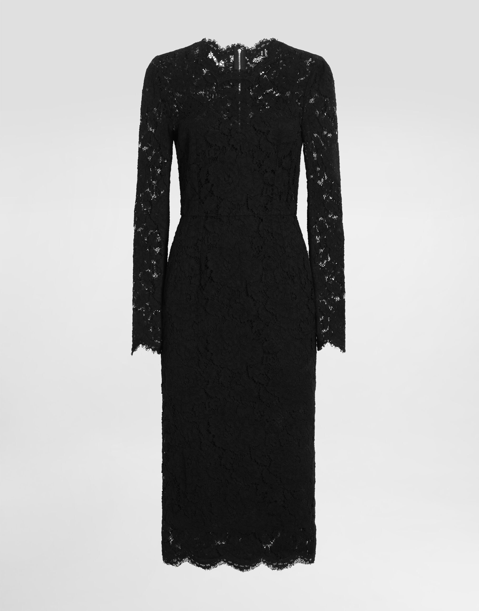 Long-sleeved calf-length dress in branded stretch lace in Black