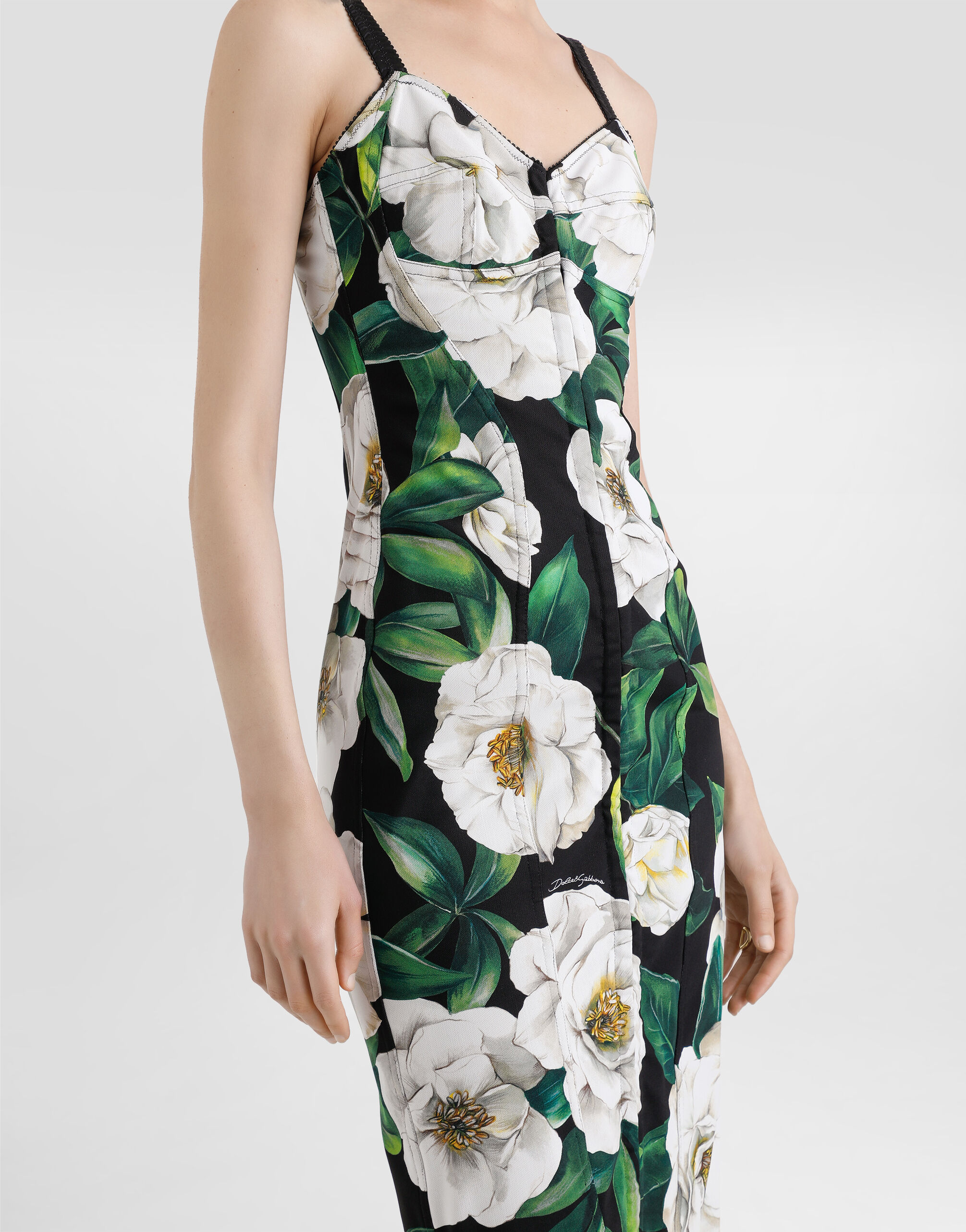 Stretch marquisette midi dress with gardenia print in Print for