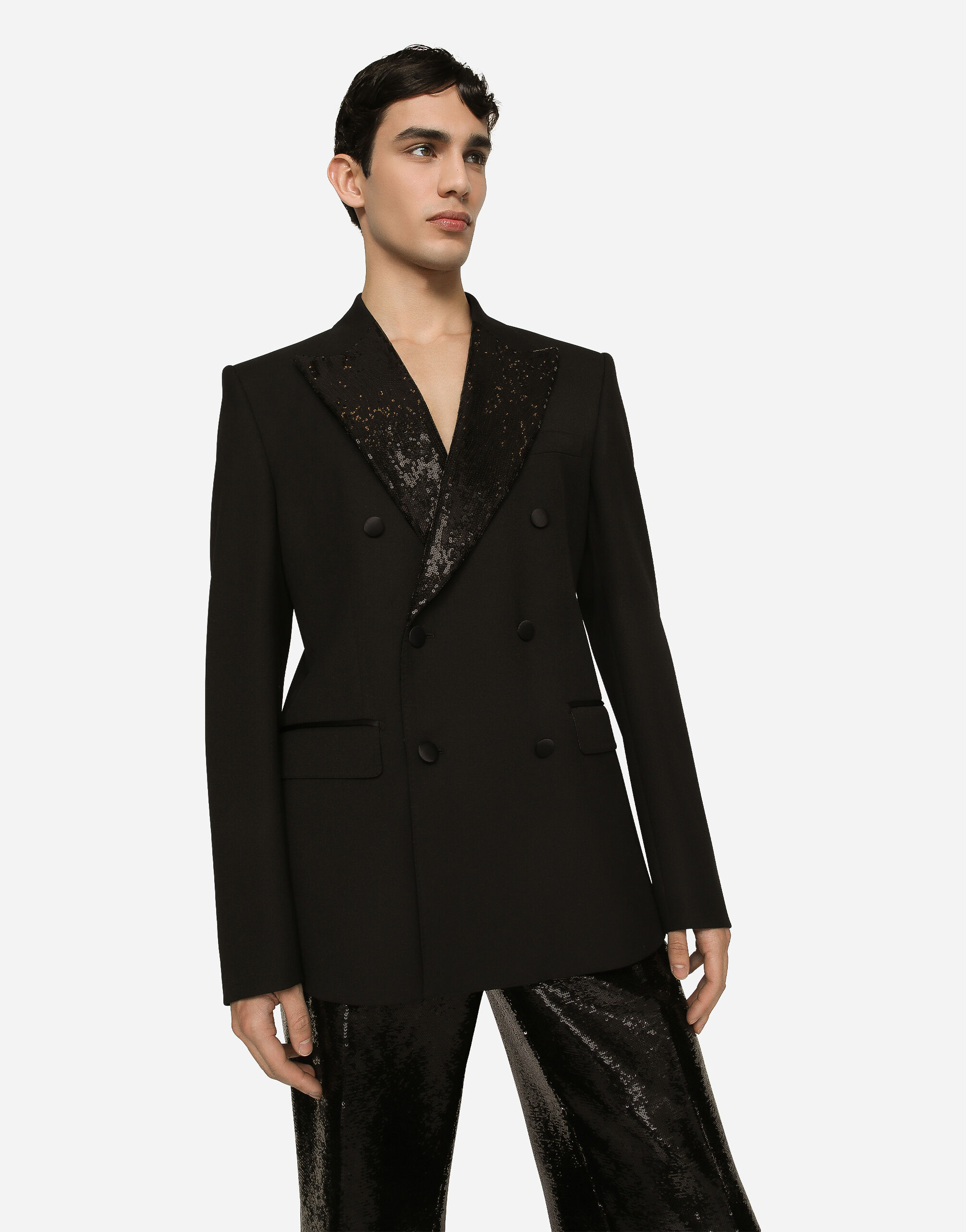 Double-breasted wool Sicilia-fit tuxedo jacket in Black for Men