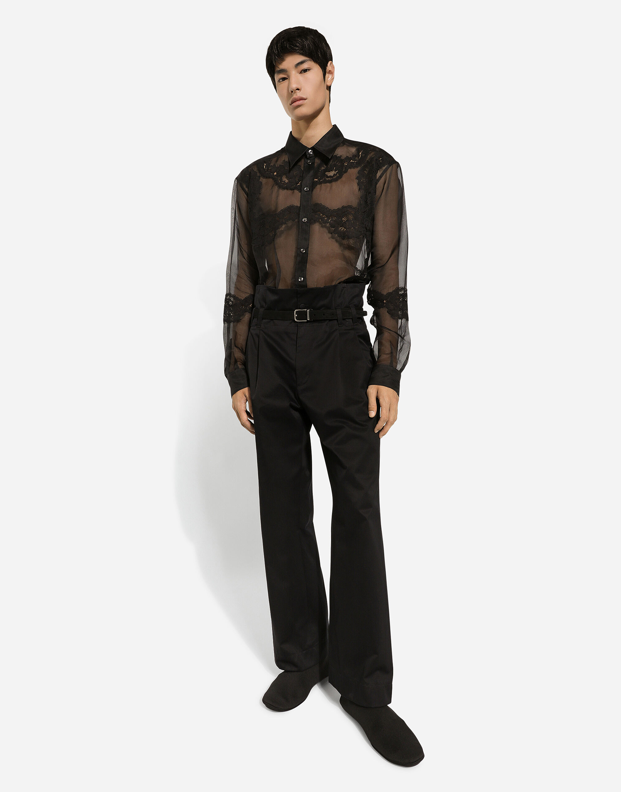 Oversize organza shirt with lace inserts in Black for Men