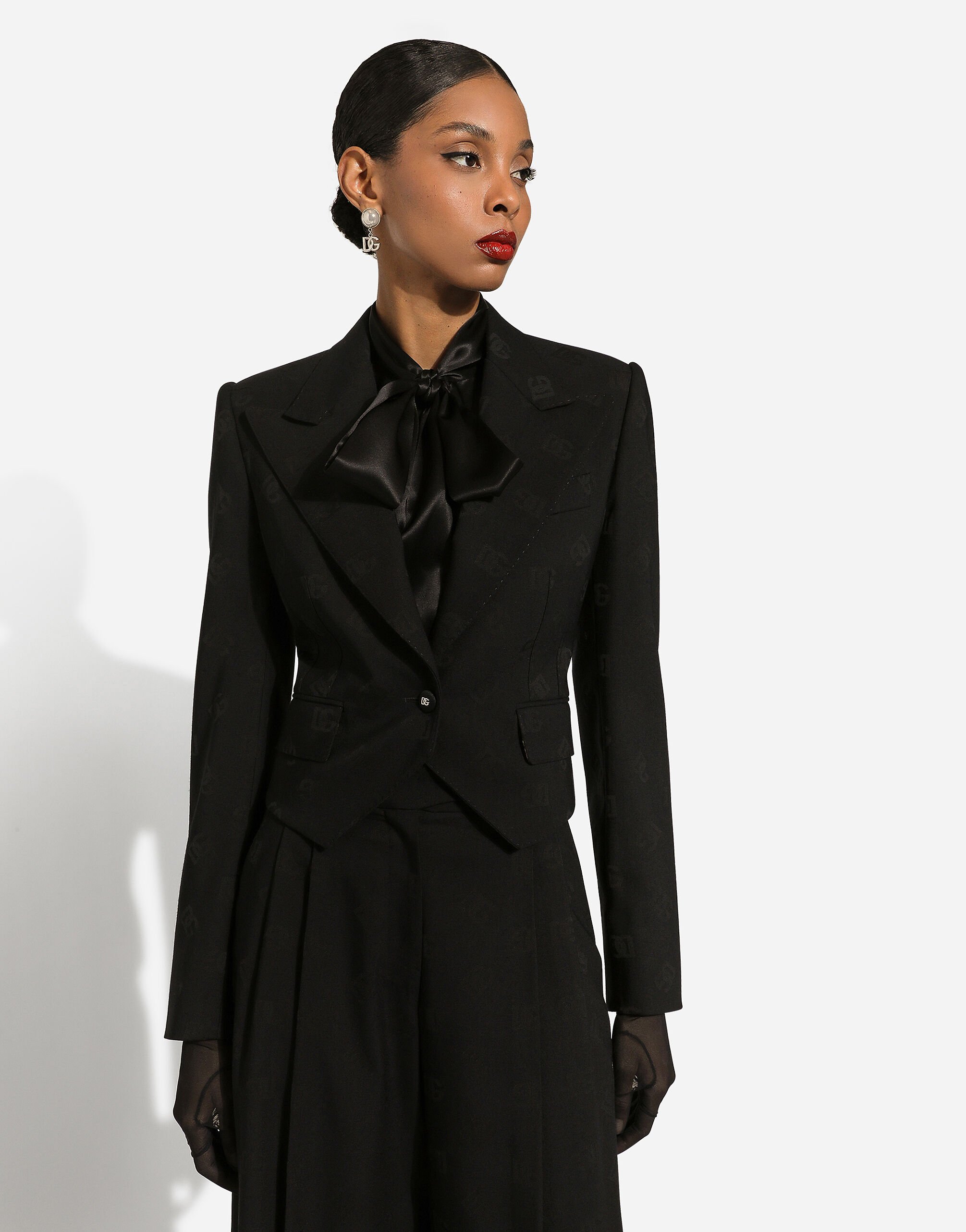 ブラックのウィメンズ スペンサージャケット ウールジャカード DGロゴ