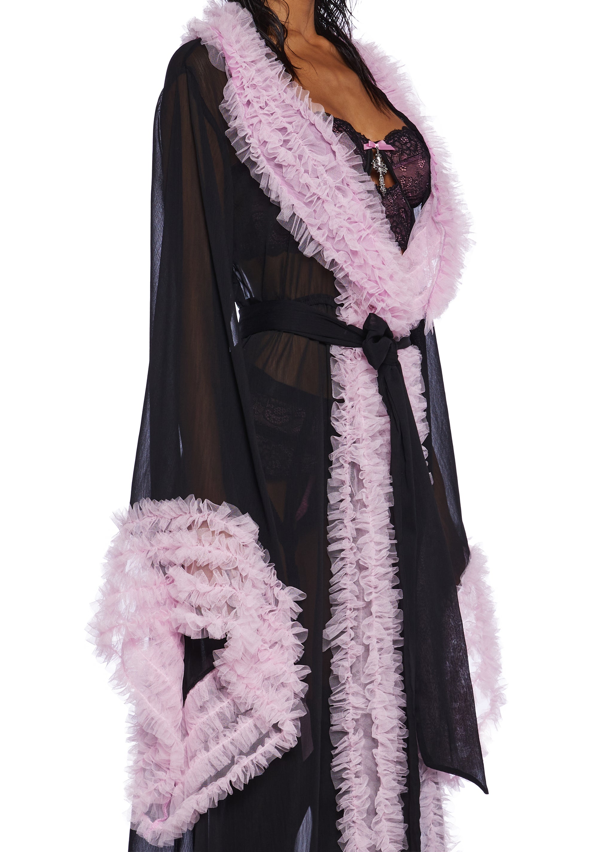 Sugar Thrillz Pastel Goth Ruffle Sheer Chiffon Robe - Black/Pink