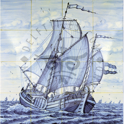 Sailing Ship tile panel 4x4 tiles (S16c) - Delft Tiles