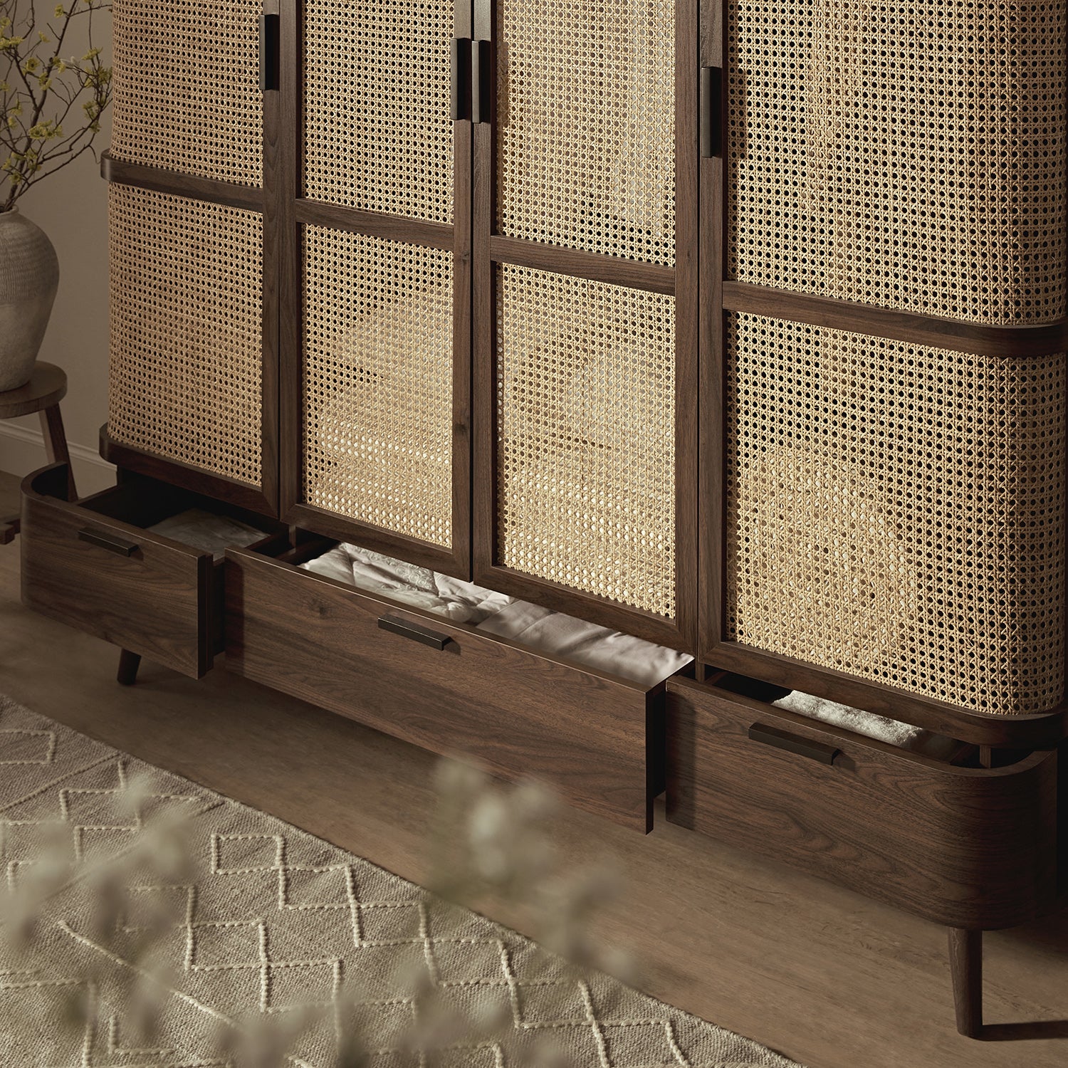 Izzy Curved Rattan 4-Door Closet, Walnut | daals.com