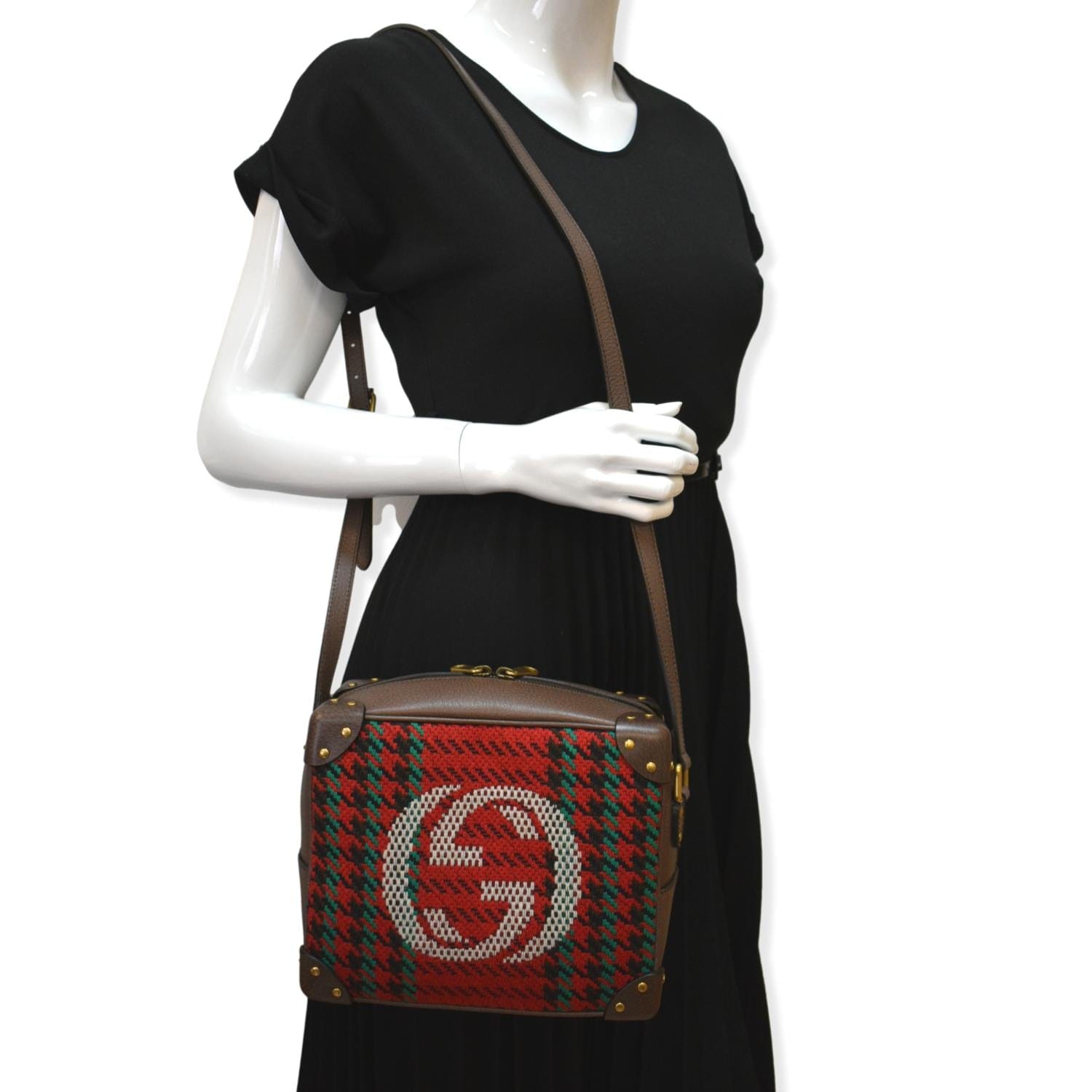 GUCCI Houndstooth Stripe Interlocking G Trunk Shoulder Bag Red 626363