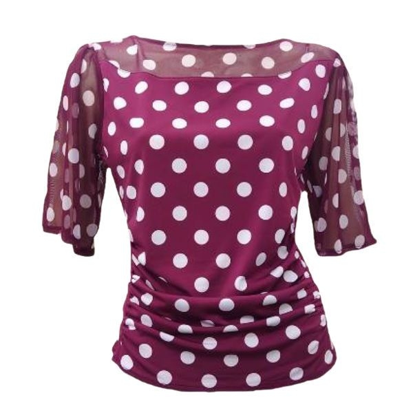 JOAN ドット プリント 半袖 トップス 90025-A ベージュ エンジ Mサイズ