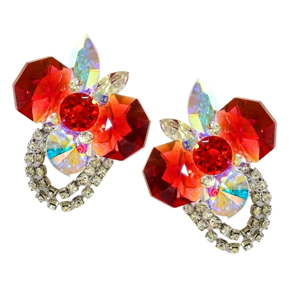 PINK イヤリング P-646 レッド×オーロラ×クリスタル 社交ダンス