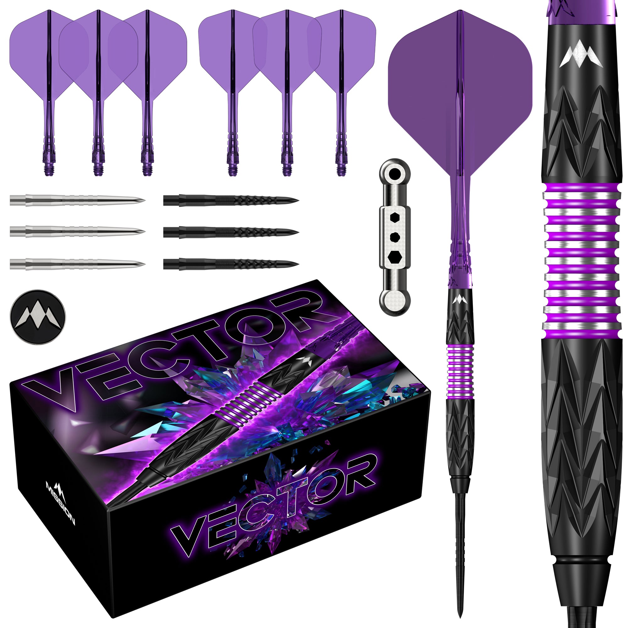 Mission Vector Darts - Steel Tip - 95% Tungsten - Black PVD & Purple E