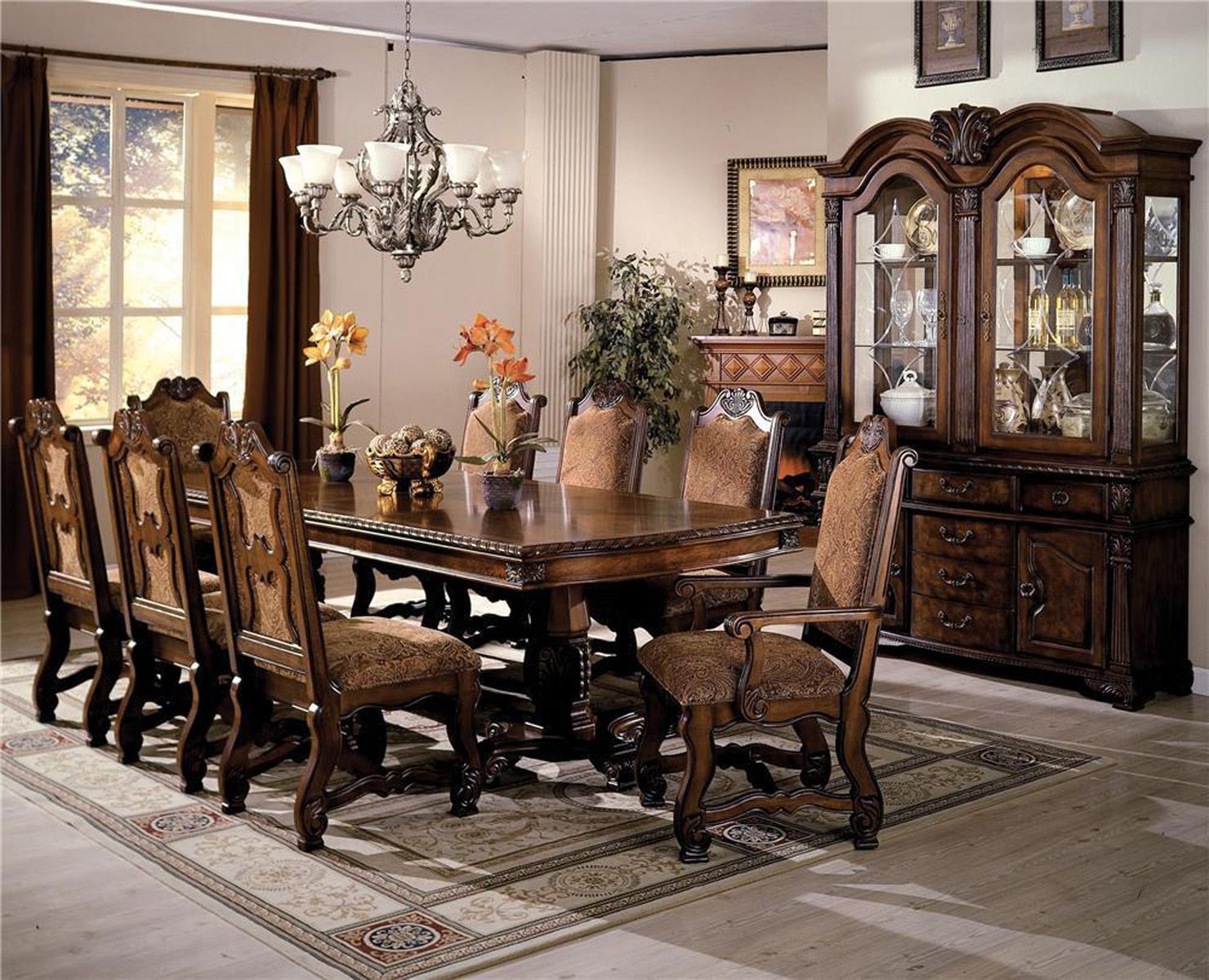 Crown Mark Neo Renaissance 7pc Double Pedestal Dining Set in Warm