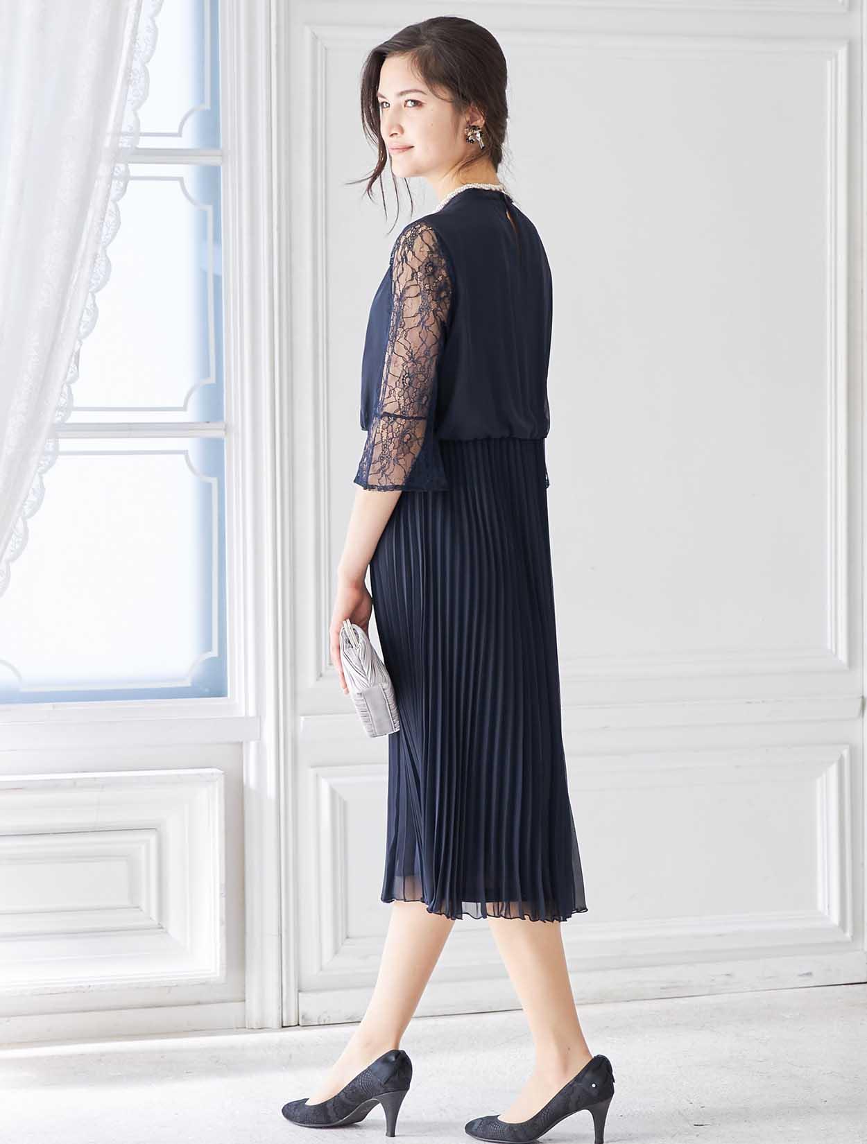 LL】スタンドネックプリーツミモレ丈ドレス（ネイビー）DPSET0402Lの