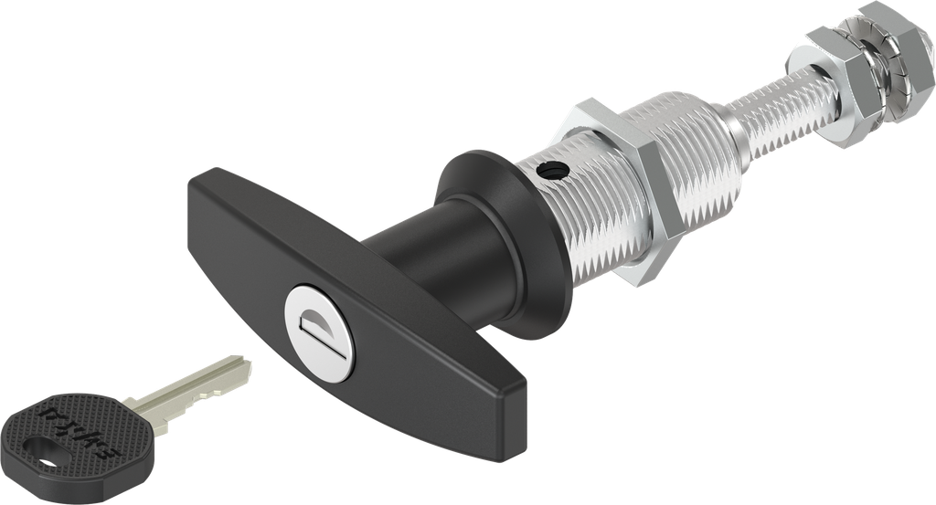 Compression latch with T-handle and adjustable cam height, keyed