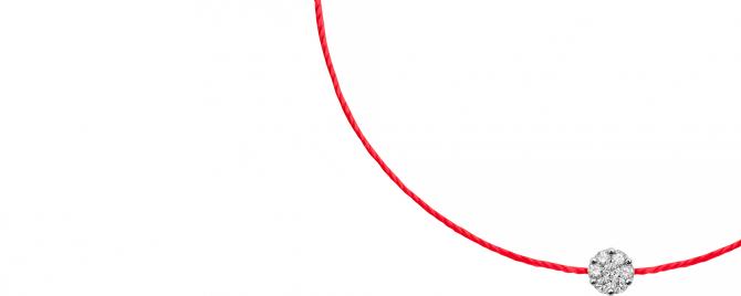 Bracelet, necklace and earrings red thread, diamonds and chain