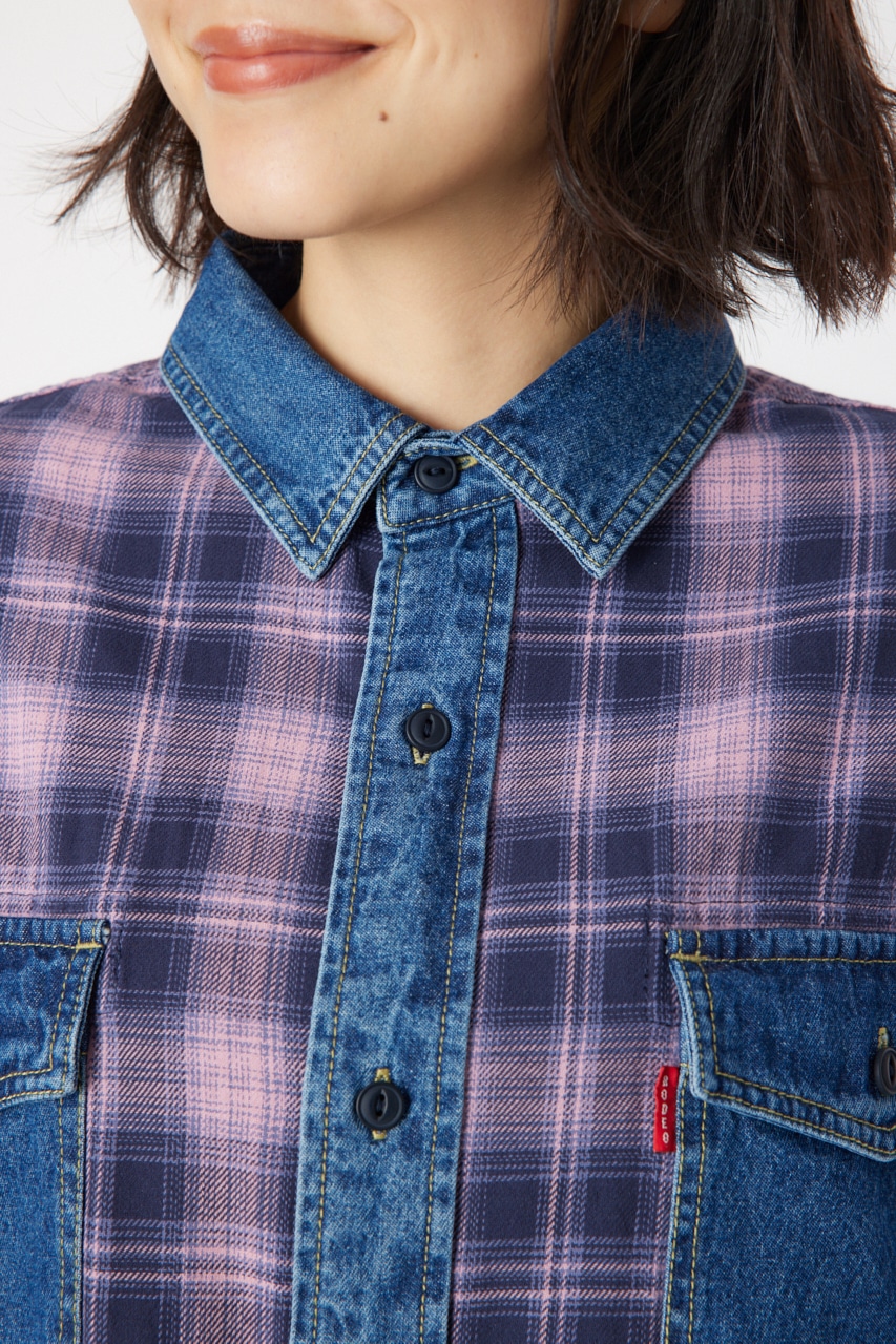 RODEO CROWNS WIDE BOWL | デニムドッキングチェックシャツ (シャツ