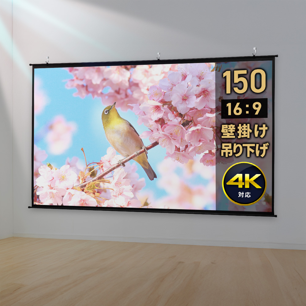 120インチ 壁掛けスクリーン／16:9／穴あけ不要で賃貸でも設置簡単