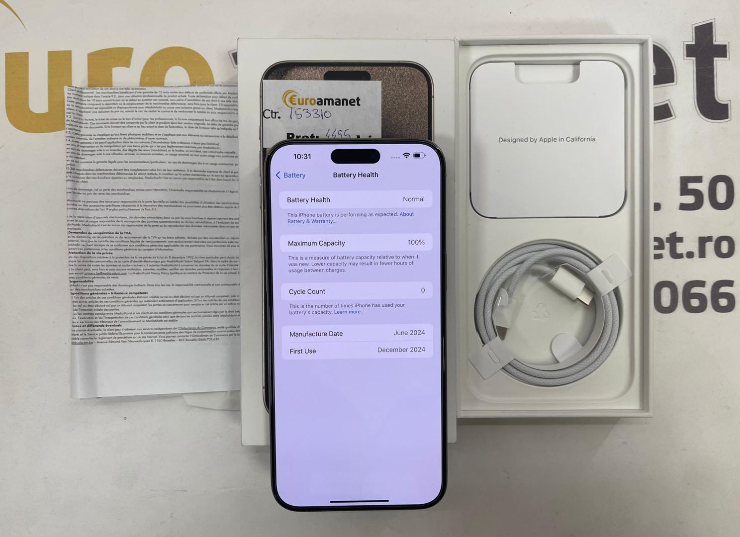 Apple iPhone 15 Pro Max, 256GB, 5G 100%Sanatate baterie EuroAmanet