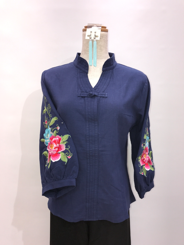 ちょうちん袖 刺繍ブラウス 紺 | チャイナハウスカモメ