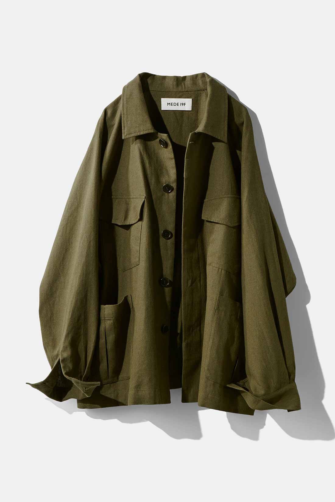 MEDE19F】綿麻ヘリンボーン素材のミリタリージャケット〈カーキ