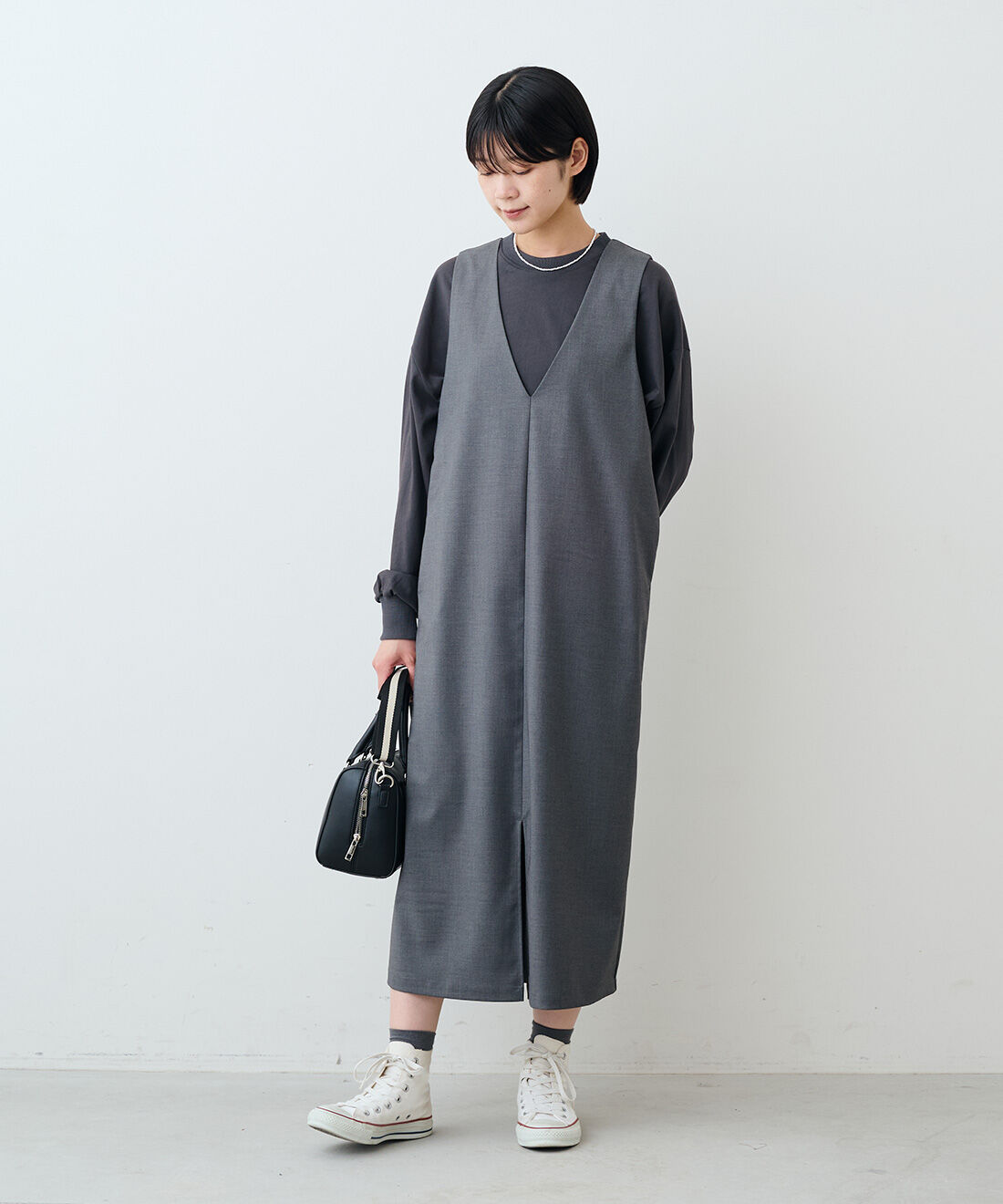 THREE FIFTY STANDARD ウールライクなVネックジャンパースカート〈杢