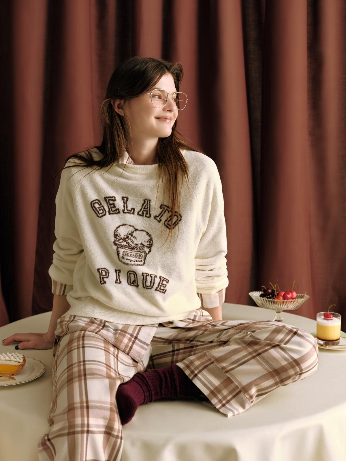 ジェラート ピケの秋ルームウェア、アイスクリーム柄ジャカードニット