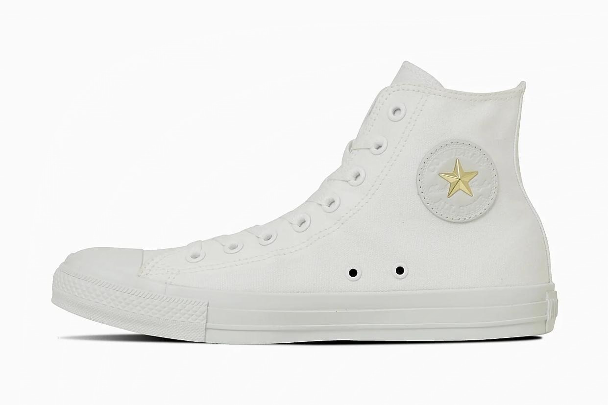 コンバース「オールスター」ゴールドのジッパー＆星スタッズ煌めく白