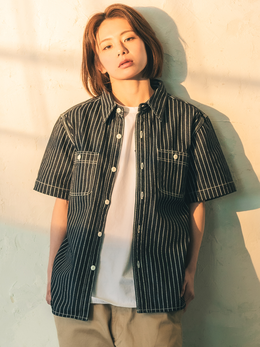 10oz デニム ウォバッシュ 半袖ワークシャツ FN-SDK-702S | THE FLAT HEAD