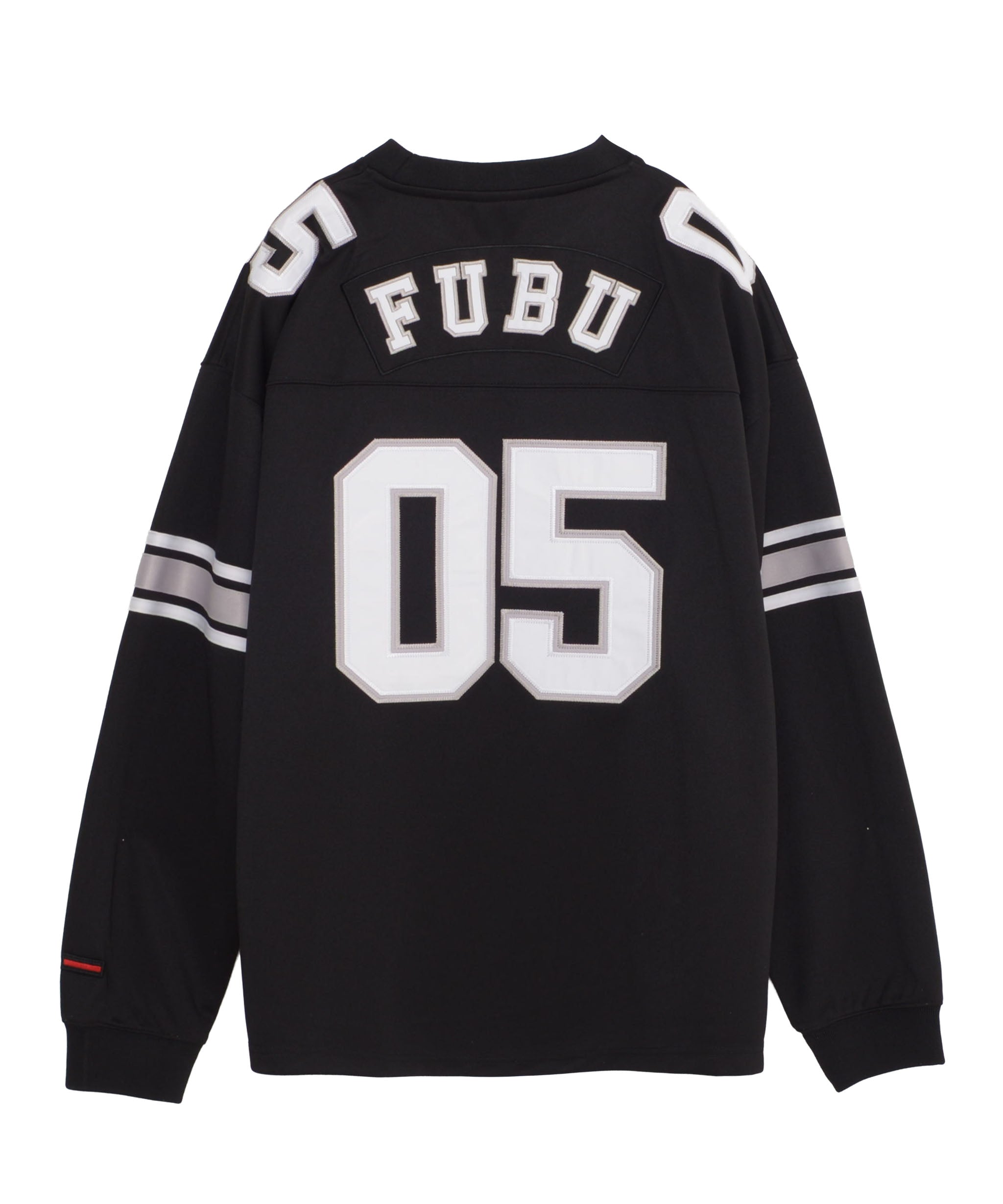 FUBU フブ ロゴ ナンバー ワッペン Vネック 長袖 ゲームシャツ。FUBUは